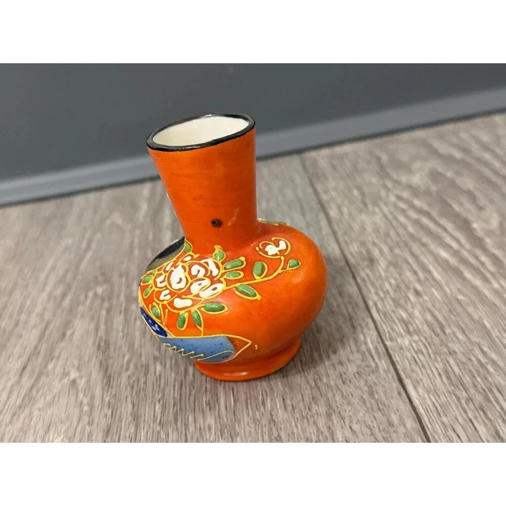 Vintage Japanese Moriage Bud Vase Geisha Girl Hand Painted Orange Miniature